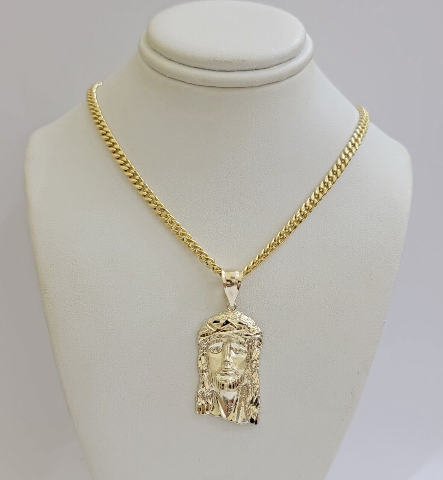 REAL 10k Gold Chain Necklace Charm Pendant SET, 5mm Miami Cuban Link, Jesus Head - Reva Jeweler