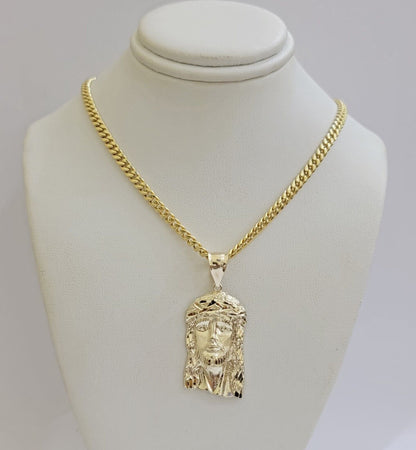 REAL 10k Gold Chain Necklace Charm Pendant SET, 5mm Miami Cuban Link, Jesus Head - Reva Jeweler