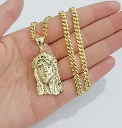 REAL 10k Gold Chain Necklace Charm Pendant SET, 5mm Miami Cuban Link, Jesus Head - Reva Jeweler