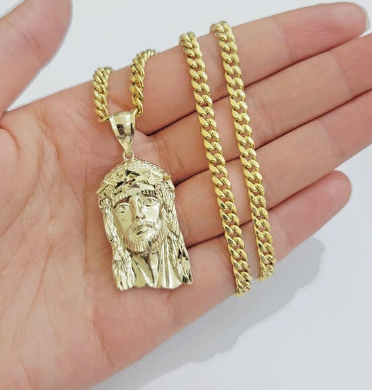 REAL 10k Gold Chain Necklace Charm Pendant SET, 5mm Miami Cuban Link, Jesus Head - Reva Jeweler