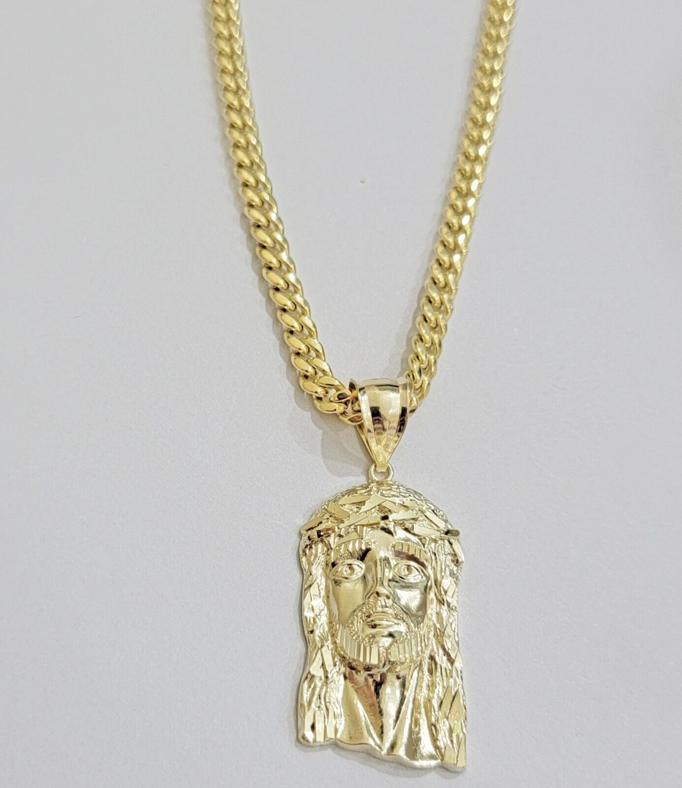 REAL 10k Gold Chain Necklace Charm Pendant SET, 5mm Miami Cuban Link, Jesus Head - Reva Jeweler