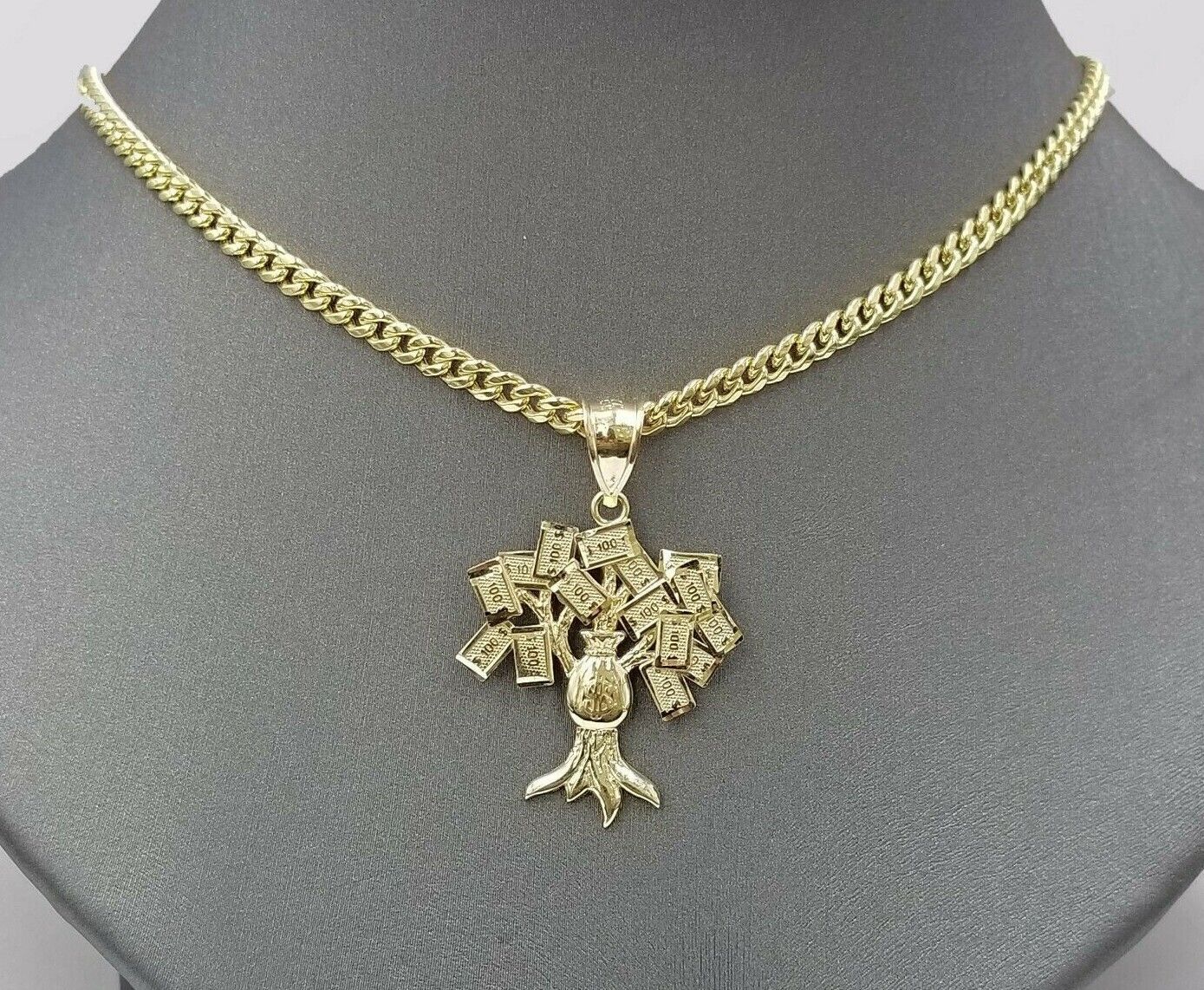 REAL 10k Gold Chain Pendant Set Miami Cuban chain 3mm& Money Tree Charm, 18" - 28" - Reva Jeweler