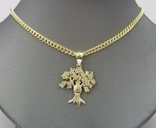 REAL 10k Gold Chain Pendant Set Miami Cuban chain 3mm& Money Tree Charm, 18" - 28" - Reva Jeweler