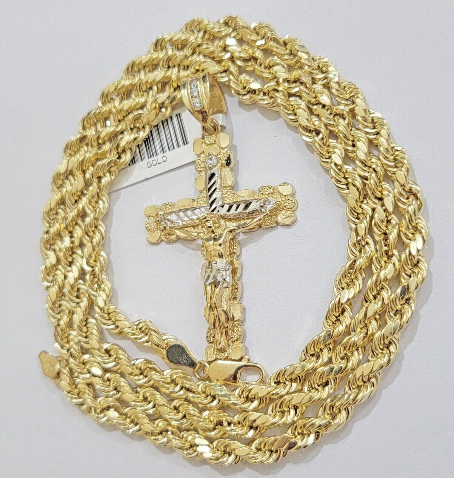 Real 10k Gold Chain Pendant set Rope Necklace Jesus Cross Charm 18" Choker 4mm - Reva Jeweler