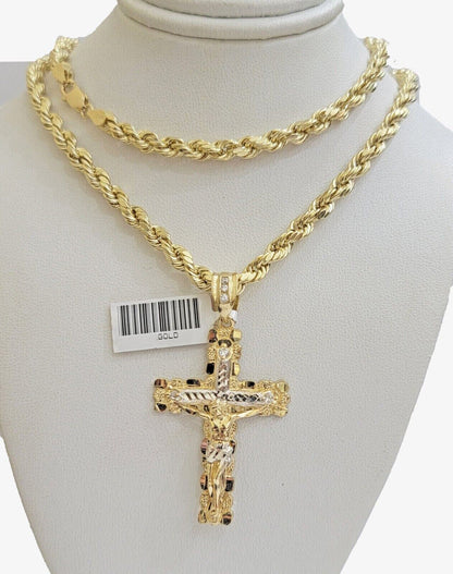 Real 10k Gold Chain Pendant set Rope Necklace Jesus Cross Charm 18" Choker 4mm - Reva Jeweler