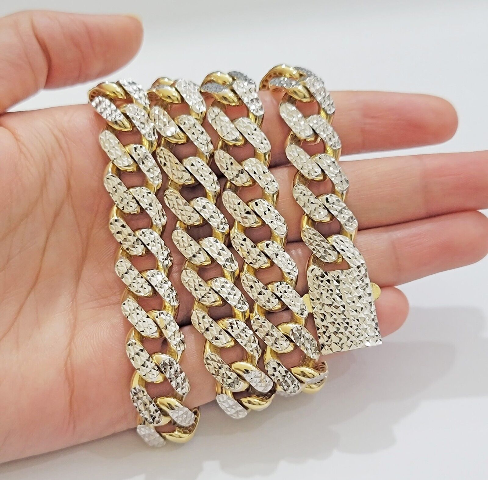 Real 10k Gold Chain Royal Miami Cuban Link Necklace 13mm 24" Rhodium Diamond Cut - Reva Jeweler