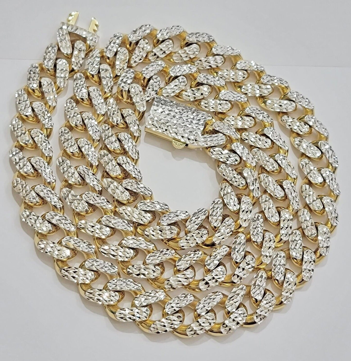 Real 10k Gold Chain Royal Miami Cuban Link Necklace 13mm 24" Rhodium Diamond Cut - Reva Jeweler