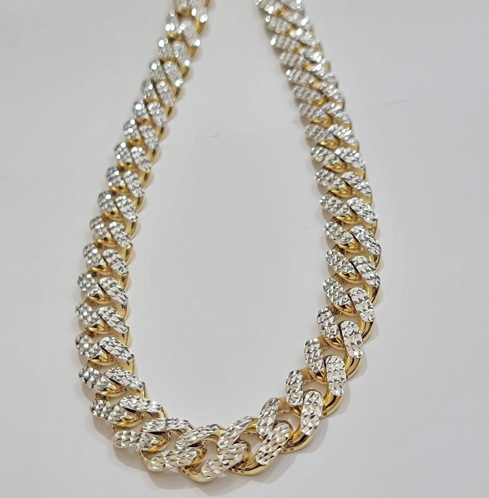 Real 10k Gold Chain Royal Miami Cuban Link Necklace 13mm 26" Rhodium Diamond Cut - Reva Jeweler