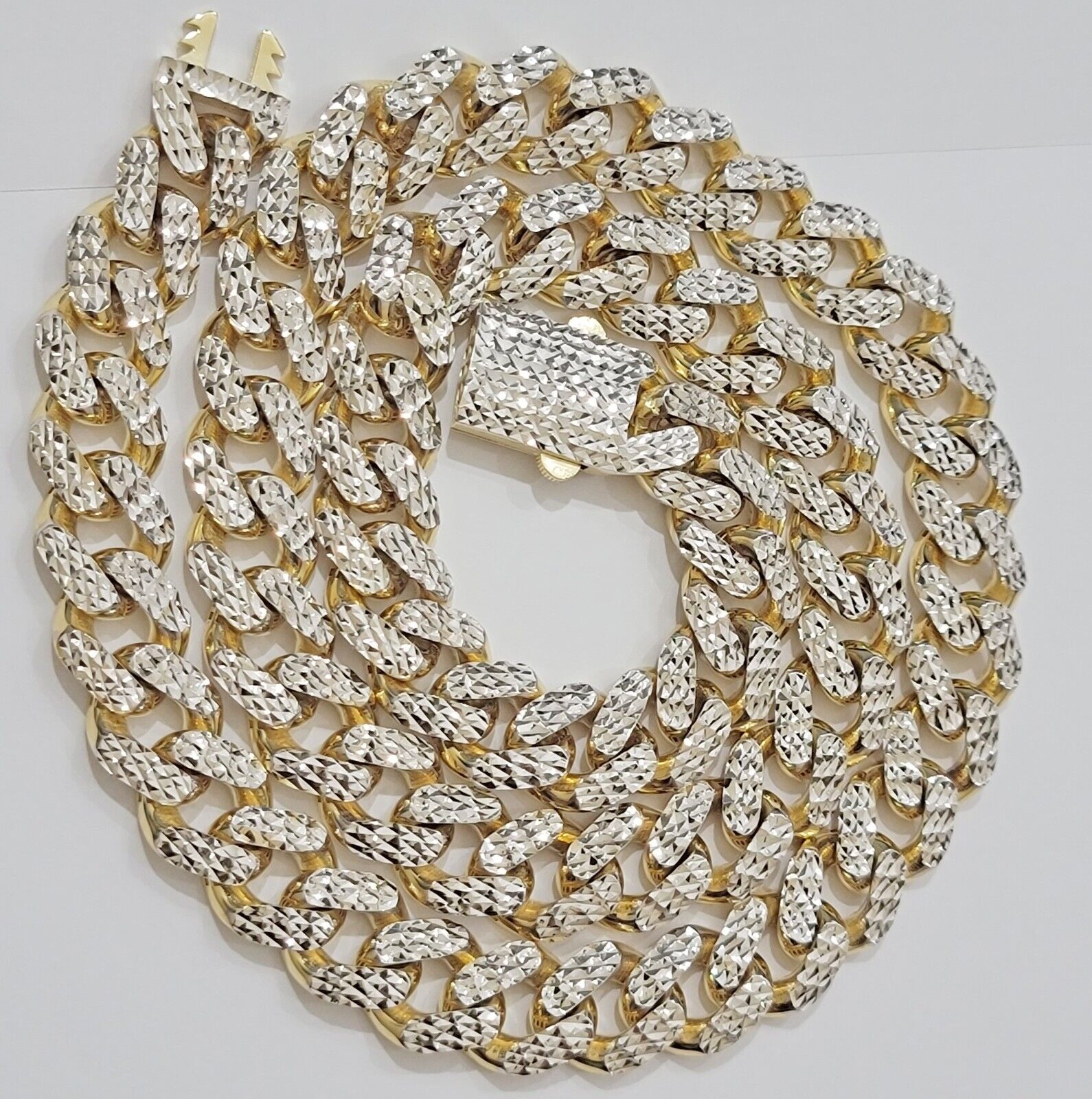 Real 10k Gold Chain Royal Miami Cuban Link Necklace 13mm 26" Rhodium Diamond Cut - Reva Jeweler