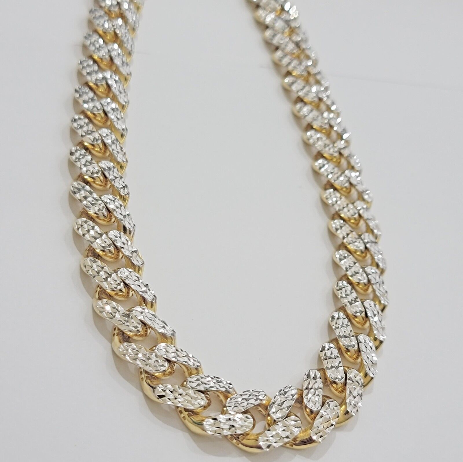 Real 10k Gold Chain Royal Miami Cuban Link Necklace 13mm 26" Rhodium Diamond Cut - Reva Jeweler