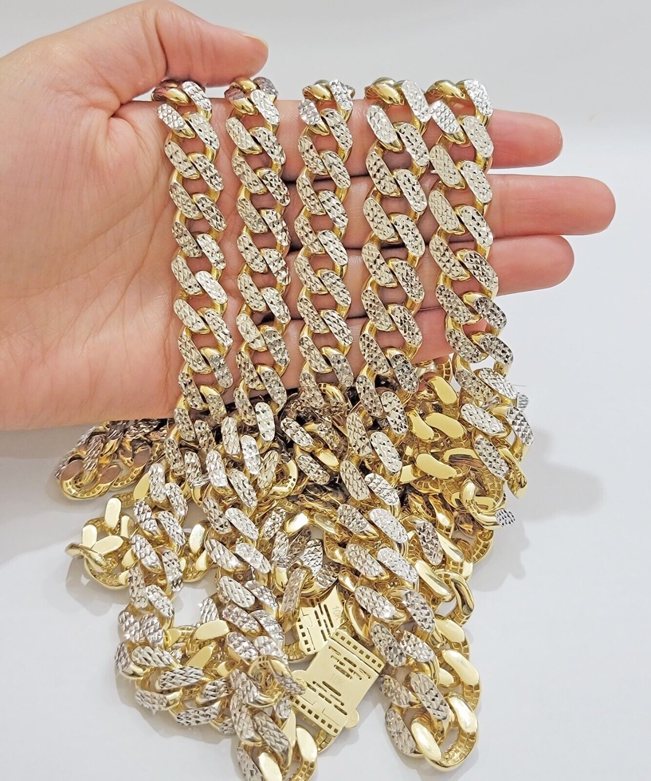 Real 10k Gold Chain Royal Miami Cuban Link Necklace 13mm 26" Rhodium Diamond Cut - Reva Jeweler