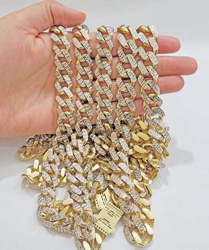 Real 10k Gold Chain Royal Miami Cuban Link Necklace 13mm 26" Rhodium Diamond Cut - Reva Jeweler