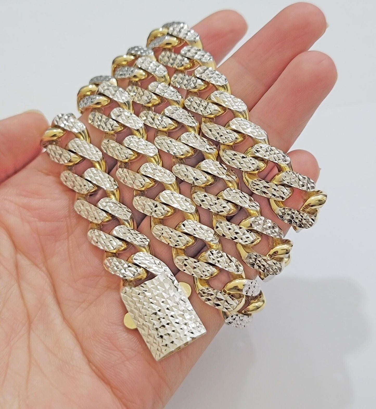 Real 10k Gold Chain Royal Miami Cuban Link Necklace 13mm 26" Rhodium Diamond Cut - Reva Jeweler