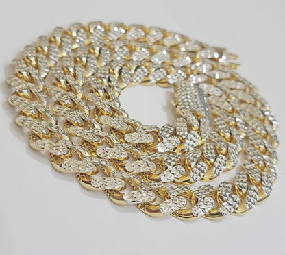 Real 10k Gold Chain Royal Miami Cuban Link Necklace 13mm 26" Rhodium Diamond Cut - Reva Jeweler