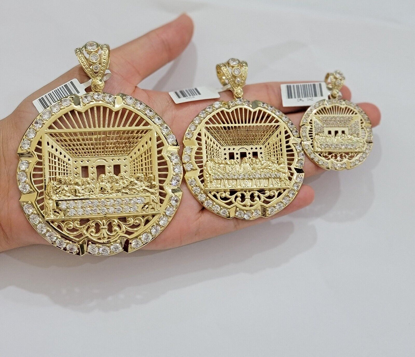 Real 10k Gold Charm Last Supper Pendant 10kt Yellow Gold With Stones Mens, Jesus - Reva Jeweler