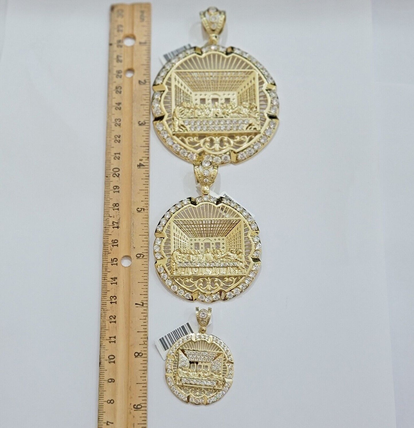 Real 10k Gold Charm Last Supper Pendant 10kt Yellow Gold With Stones Mens, Jesus - Reva Jeweler
