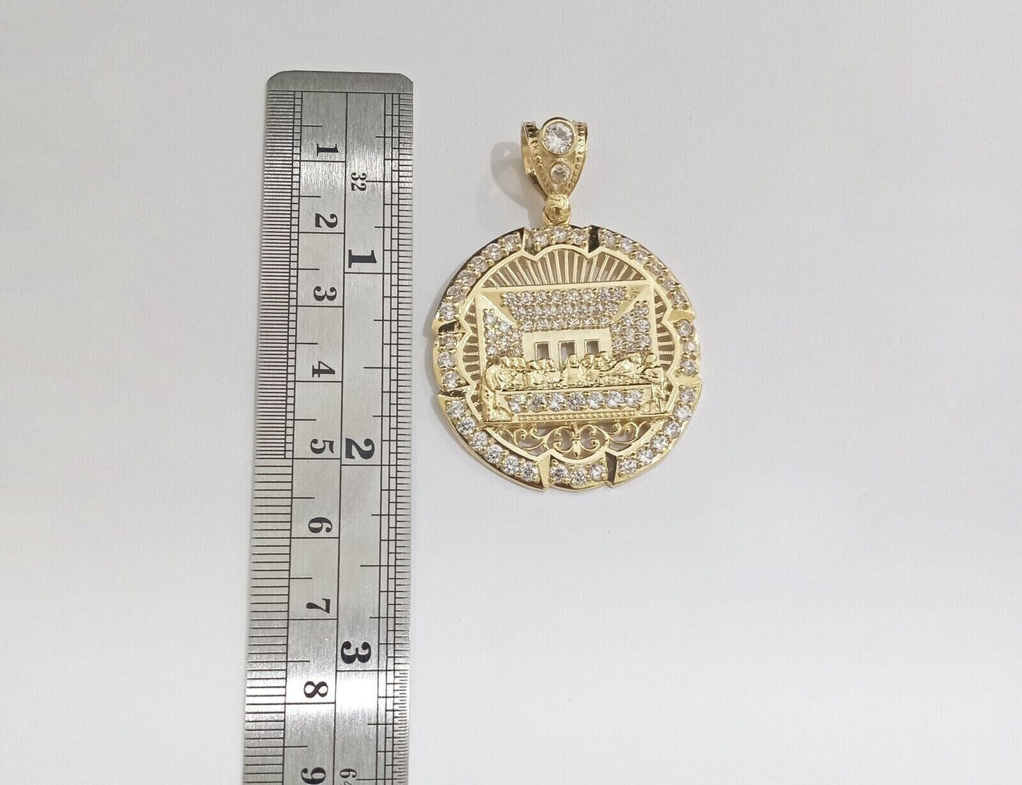 Real 10k Gold Circle Charm Last Supper Pendant 10kt Yellow Gold for Chain Men - GoldenlinQ