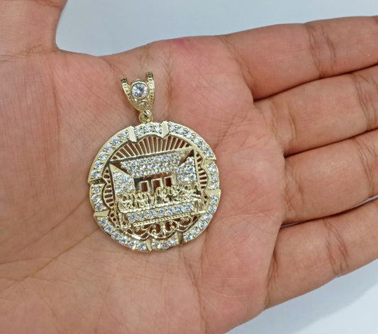 Real 10k Gold Circle Charm Last Supper Pendant 10kt Yellow Gold for Chain Men - GoldenlinQ