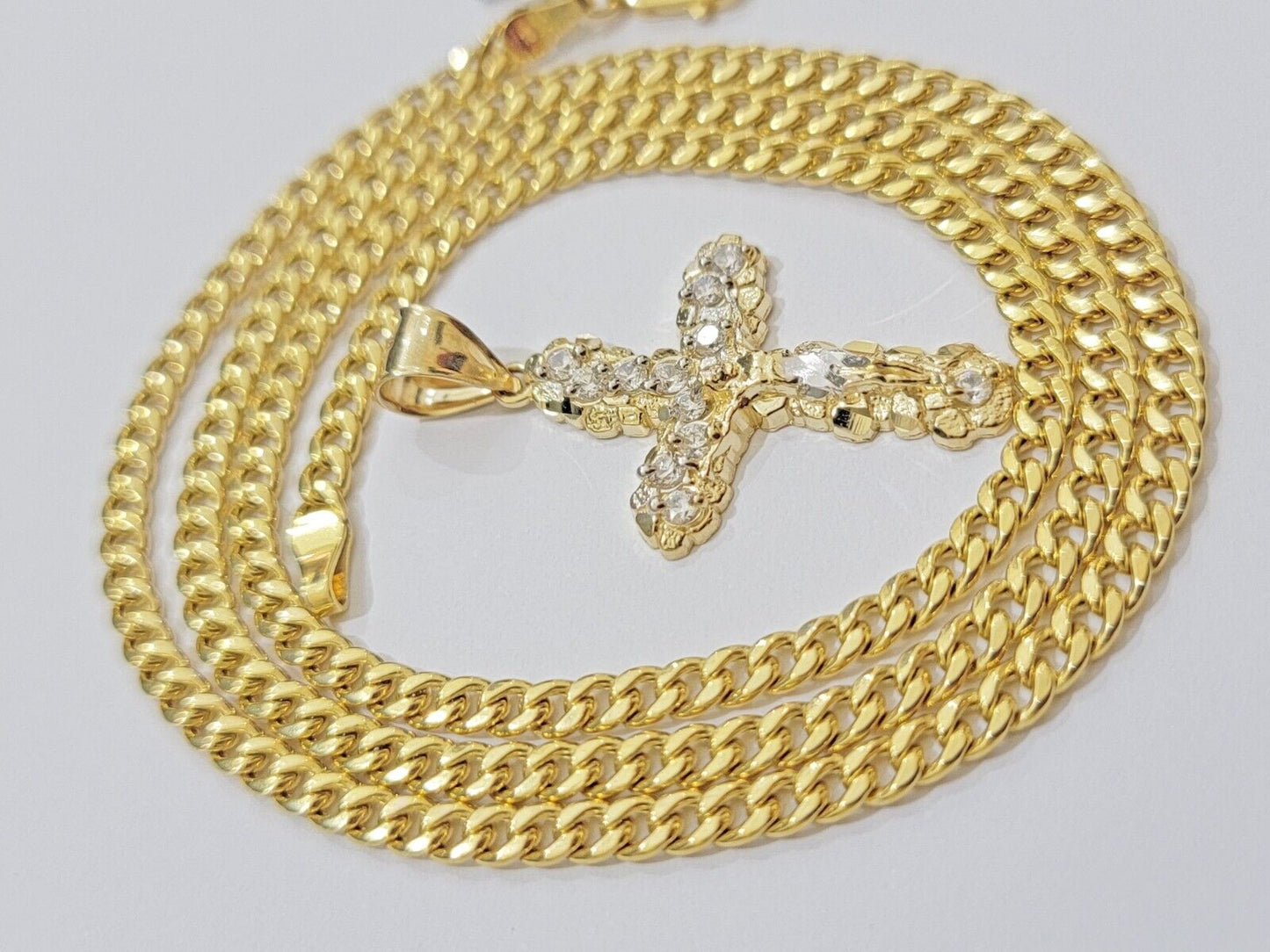 Real 10k Gold Cross Charm Pendant Chain SET 18 - 26" Miami Cuban Link Necklace Men - Reva Jeweler