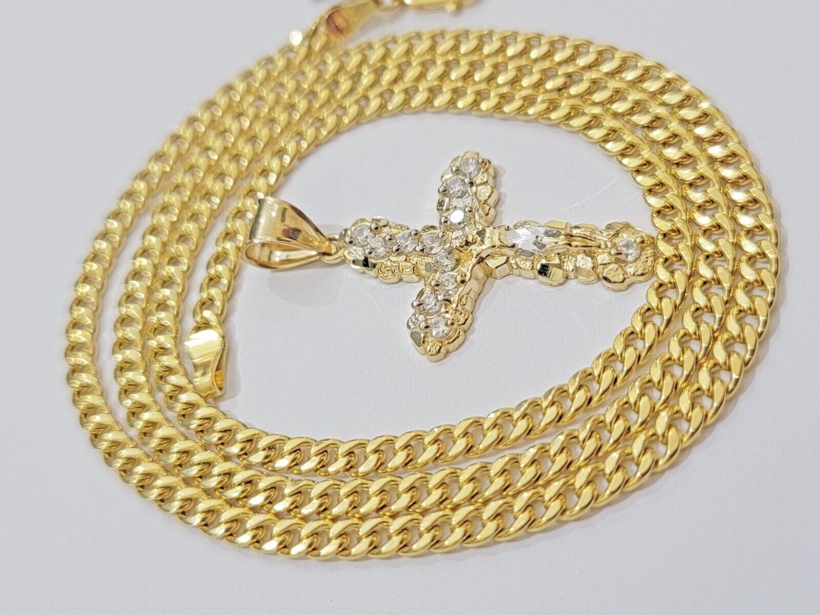 Real 10k Gold Cross Charm Pendant Chain SET 18 - 26" Miami Cuban Link Necklace Men - Reva Jeweler