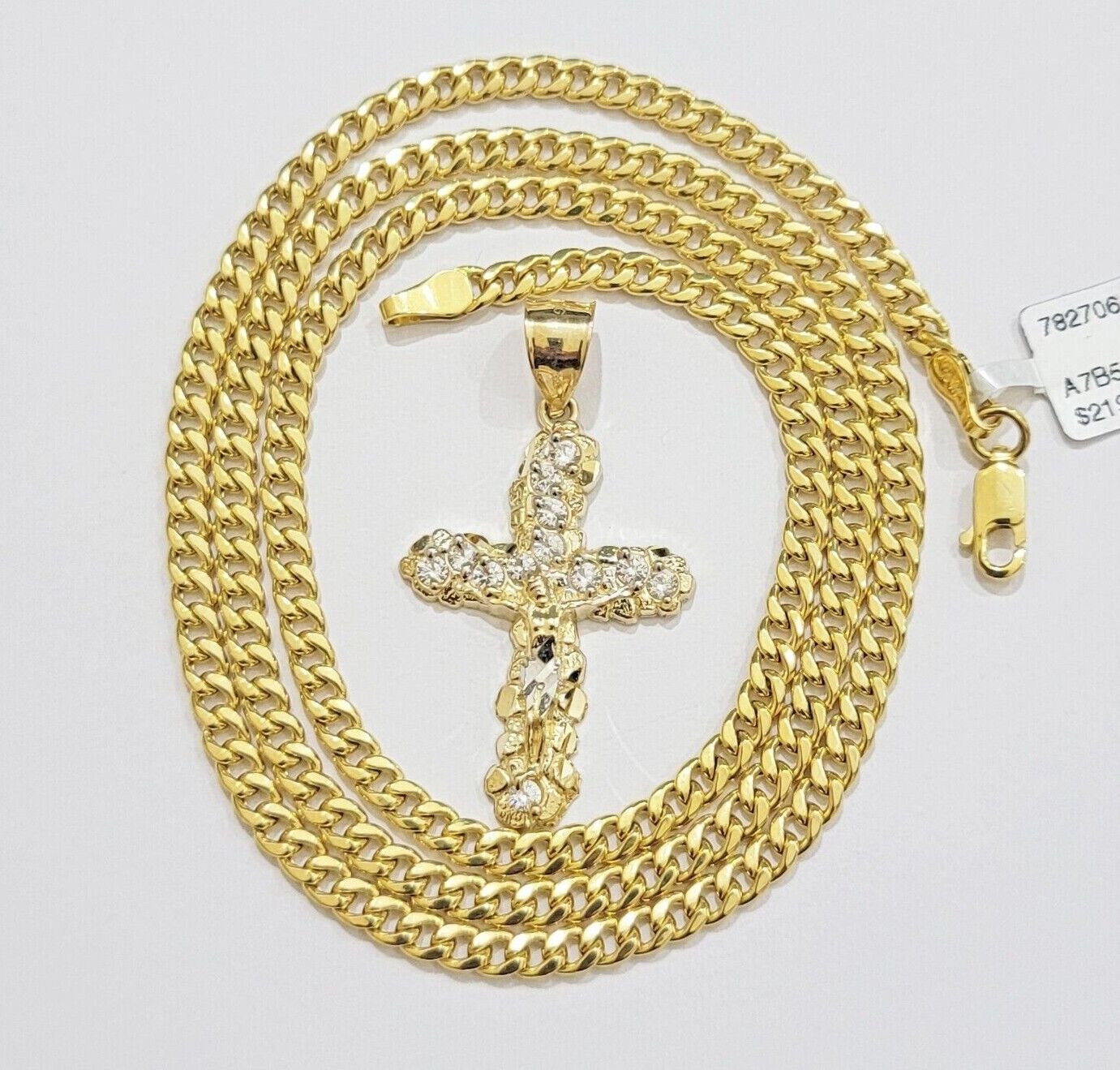 Real 10k Gold Cross Charm Pendant Chain SET 18 - 26" Miami Cuban Link Necklace Men - Reva Jeweler