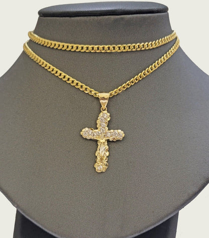 Real 10k Gold Cross Charm Pendant Chain SET 18 - 26" Miami Cuban Link Necklace Men - Reva Jeweler