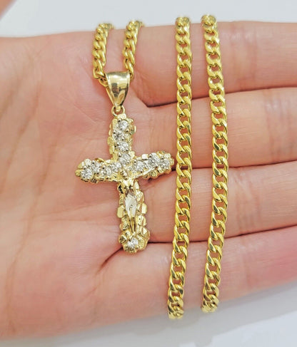 Real 10k Gold Cross Charm Pendant Chain SET 18 - 26" Miami Cuban Link Necklace Men - Reva Jeweler