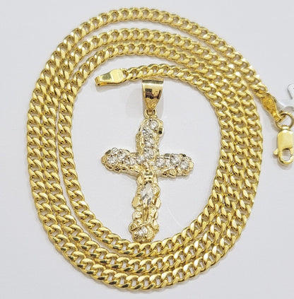Real 10k Gold Cross Charm Pendant Chain SET 18 - 26" Miami Cuban Link Necklace Men - Reva Jeweler