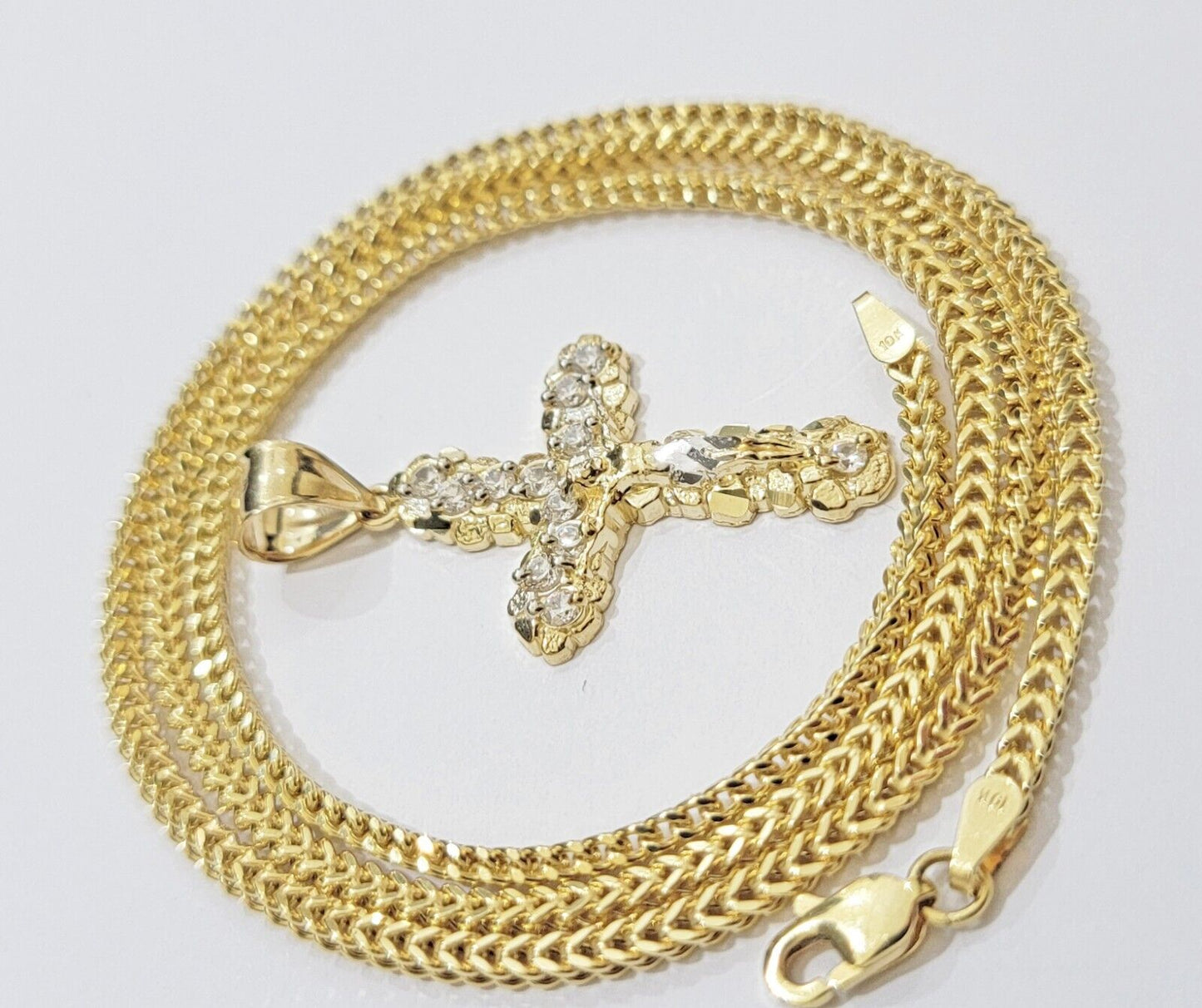Real 10k Gold Cross Charm pendant & Franco Chain Necklace 2.5mm 18" Men Women - Reva Jeweler