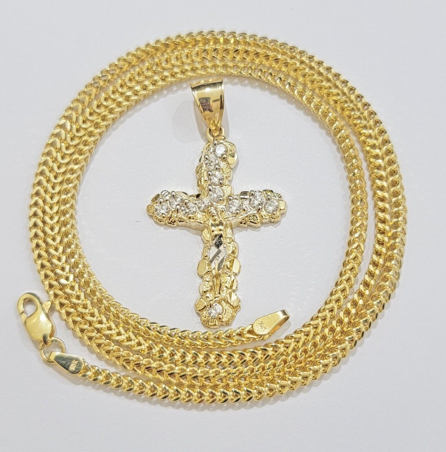Real 10k Gold Cross Charm pendant & Franco Chain Necklace 2.5mm 18" Men Women - Reva Jeweler