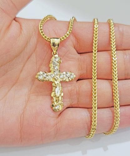 Real 10k Gold Cross Charm pendant & Franco Chain Necklace 2.5mm 18" Men Women - Reva Jeweler