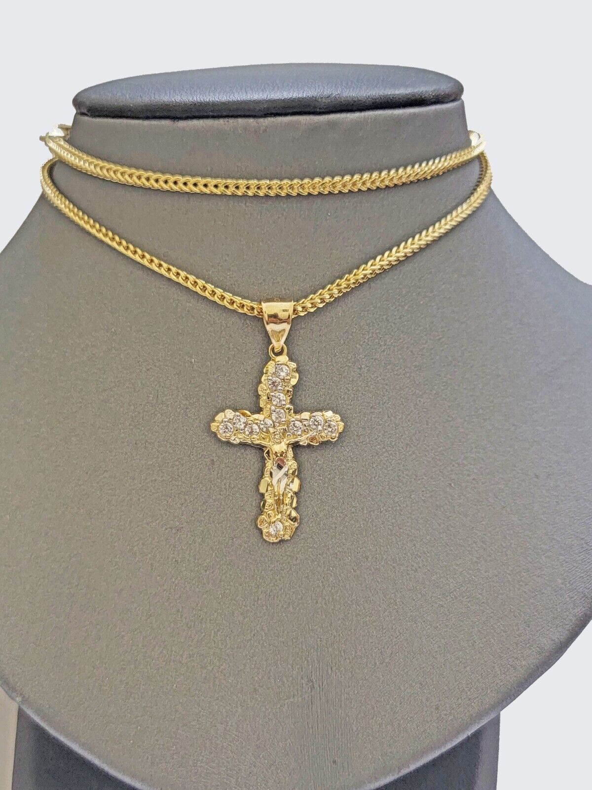 Real 10k Gold Cross Charm pendant & Franco Chain Necklace 2.5mm 20" Men Women - Reva Jeweler