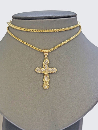Real 10k Gold Cross Charm pendant & Franco Chain Necklace 2.5mm 20" Men Women - Reva Jeweler