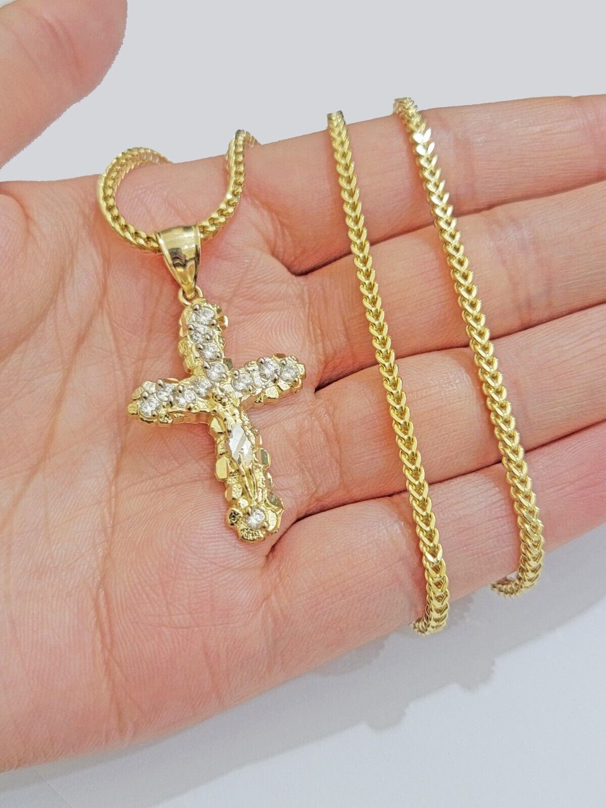 Real 10k Gold Cross Charm pendant & Franco Chain Necklace 2.5mm 20" Men Women - Reva Jeweler