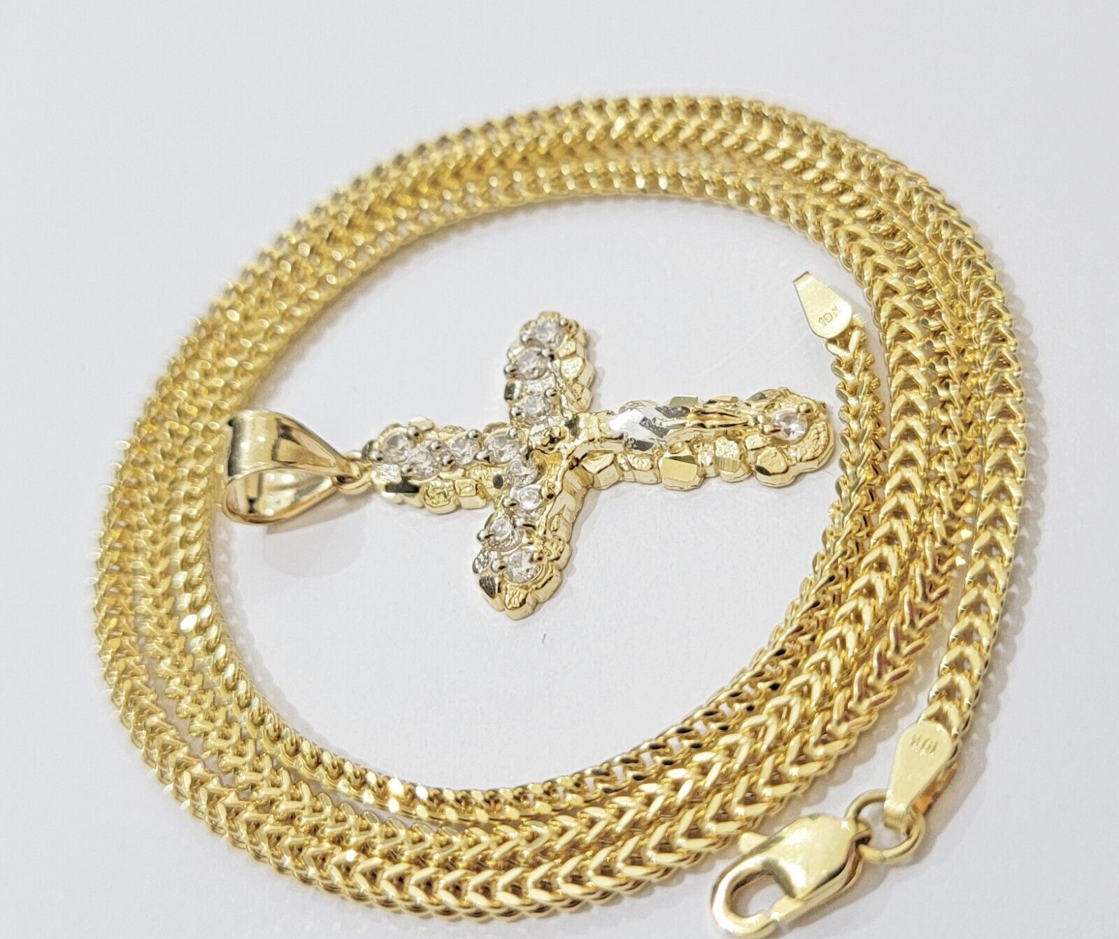 Real 10k Gold Cross Charm pendant & Franco Chain Necklace 2.5mm 22" Men Women - Reva Jeweler