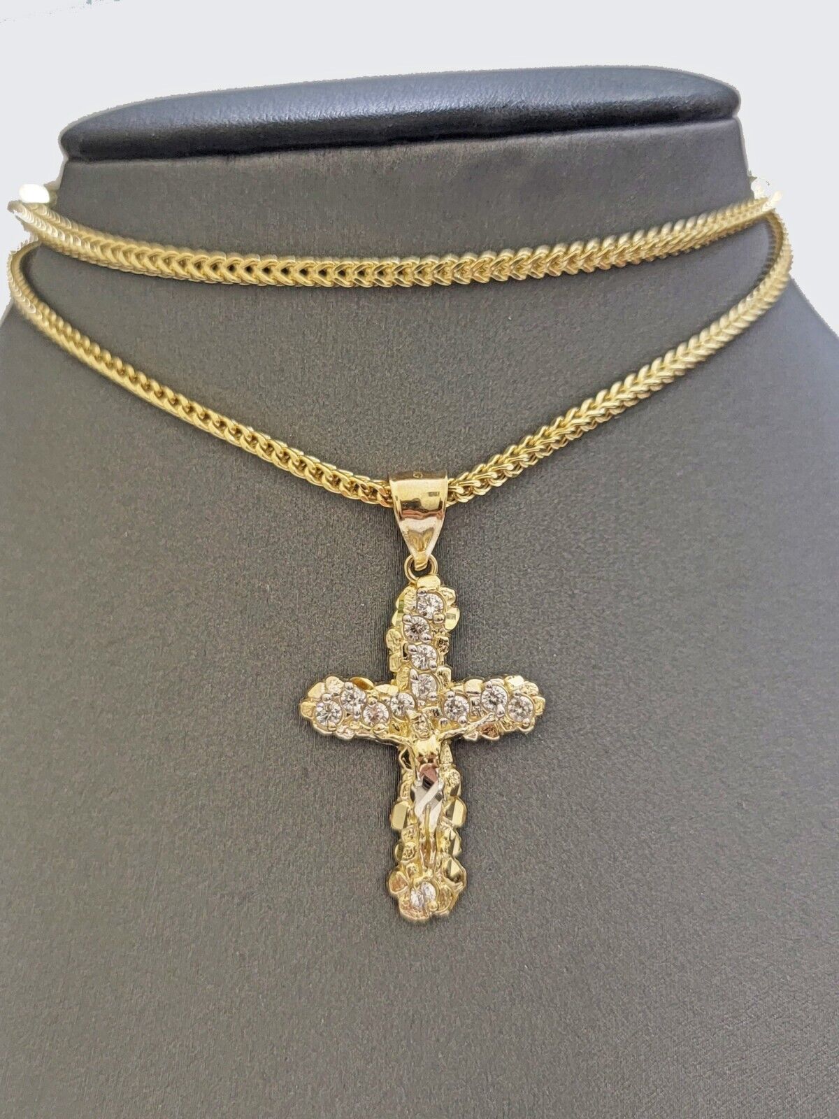 Real 10k Gold Cross Charm pendant & Franco Chain Necklace 2.5mm 24" Men Women - Reva Jeweler