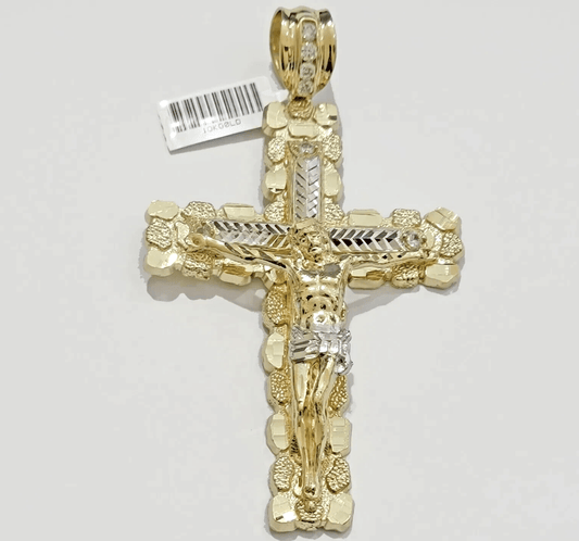Real 10k Gold Cross Charm Pendant Jesus Crucifix 3.5'' Inch Men 10KT Yellow Gold - Reva Jeweler