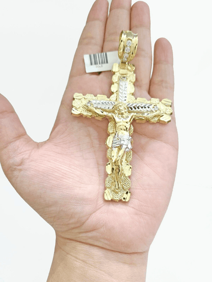 Real 10k Gold Cross Charm Pendant Jesus Crucifix 3.5'' Inch Men 10KT Yellow Gold - Reva Jeweler
