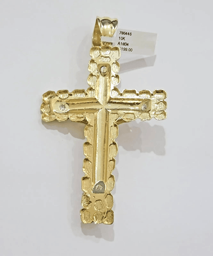 Real 10k Gold Cross Charm Pendant Jesus Crucifix 3.5'' Inch Men 10KT Yellow Gold - Reva Jeweler