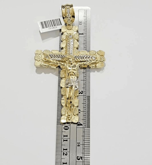 Real 10k Gold Cross Charm Pendant Jesus Crucifix 3.5'' Inch Men 10KT Yellow Gold - Reva Jeweler