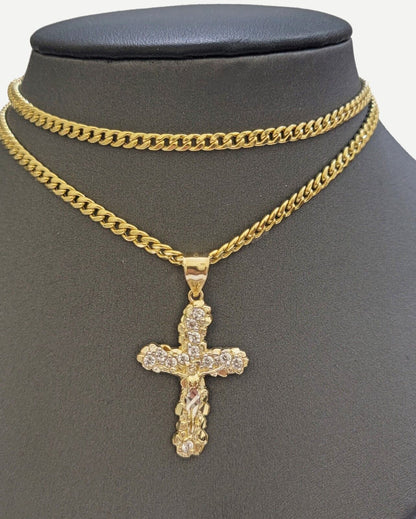 Real 10k Gold Cross Charm pendant & Miami Cuban Link Chain Necklace 4mm 22" Mens - Reva Jeweler