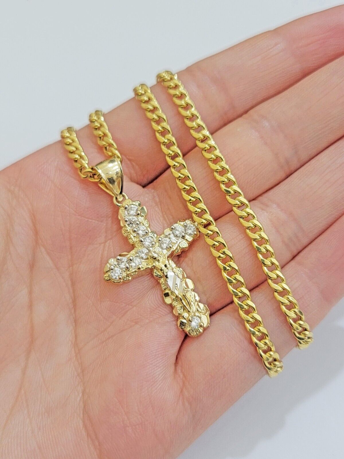 Real 10k Gold Cross Charm pendant & Miami Cuban Link Chain Necklace 4mm 22" Mens - Reva Jeweler