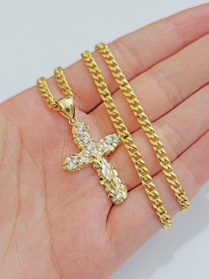 Real 10k Gold Cross Charm pendant & Miami Cuban Link Chain Necklace 4mm 22" Mens - Reva Jeweler