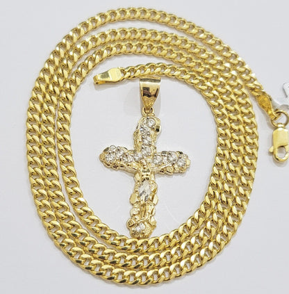 Real 10k Gold Cross Charm pendant & Miami Cuban Link Chain Necklace 4mm 22" Mens - Reva Jeweler