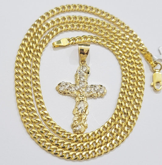 Real 10k Gold Cross Charm pendant & Miami Cuban Link Chain Necklace 4mm 22" Mens - Reva Jeweler