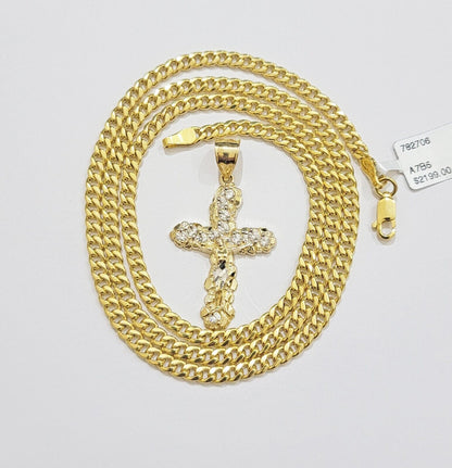 Real 10k Gold Cross Charm pendant & Miami Cuban Link Chain Necklace 4mm 22" Mens - Reva Jeweler