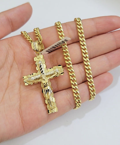Real 10k Gold Cross Charm pendant Necklace SET 5mm Miami Cuban Link chain 18 - 28" - Reva Jeweler
