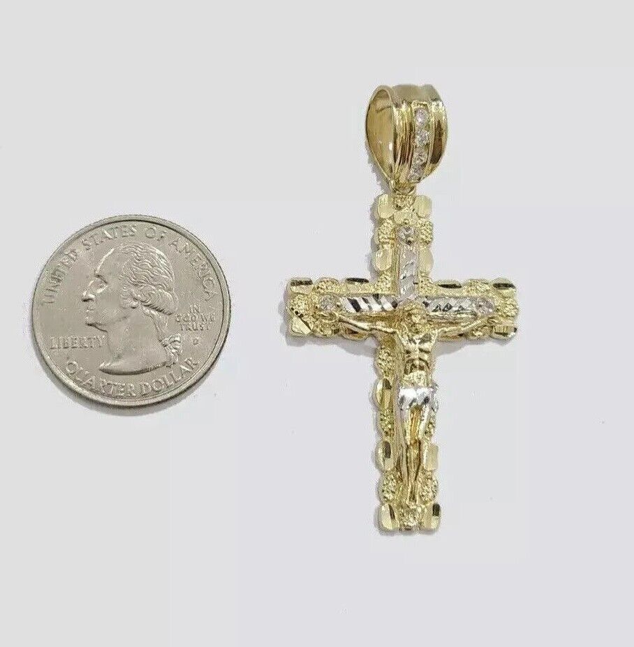 Real 10k Gold Cross Charm pendant Necklace SET 5mm Miami Cuban Link chain 18 - 28" - Reva Jeweler
