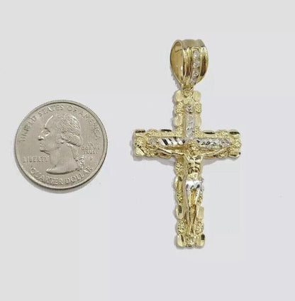 Real 10k Gold Cross Charm pendant Necklace SET 5mm Miami Cuban Link chain 18 - 28" - Reva Jeweler