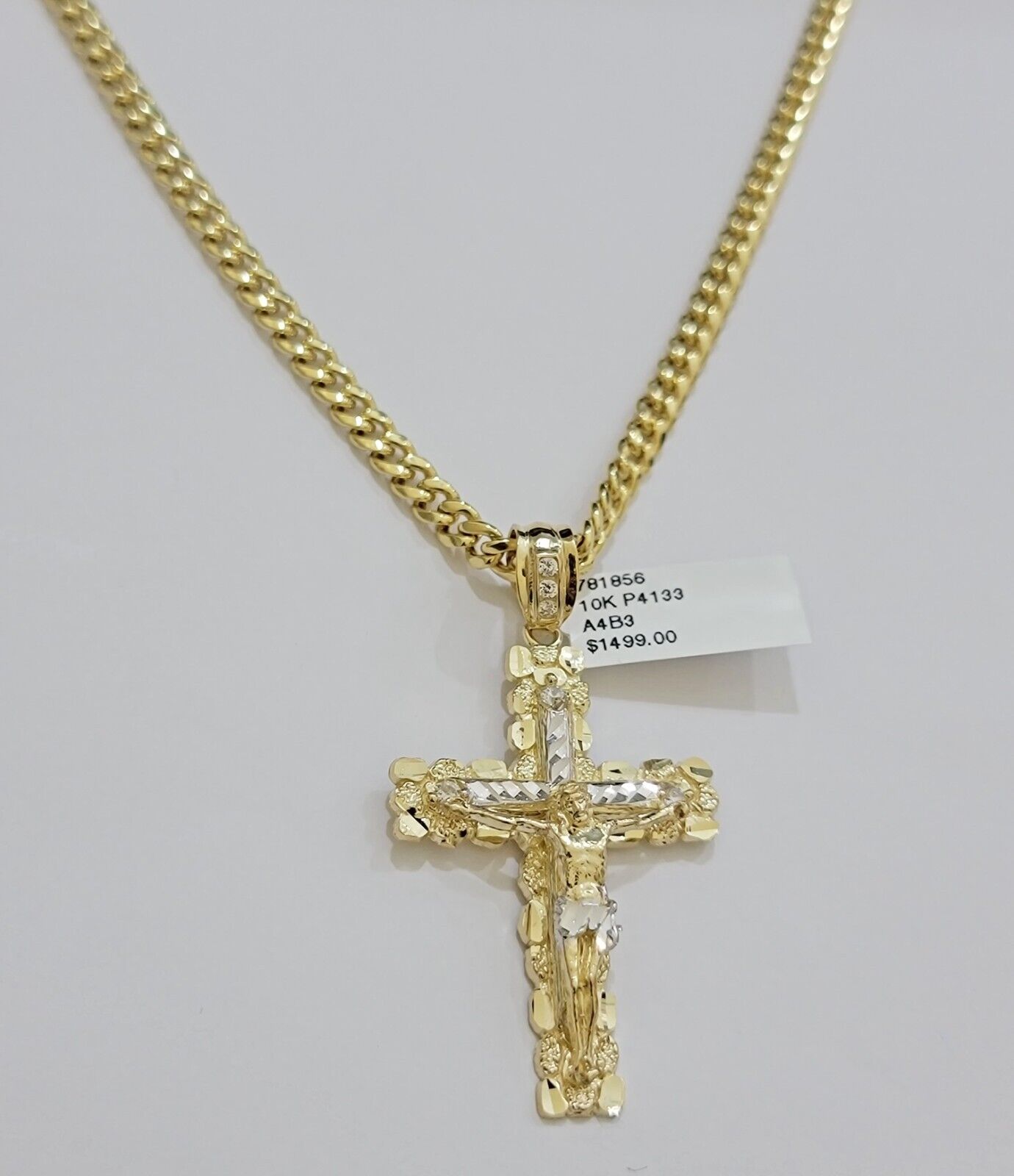 Real 10k Gold Cross Charm pendant Necklace SET 5mm Miami Cuban Link chain 18 - 28" - Reva Jeweler
